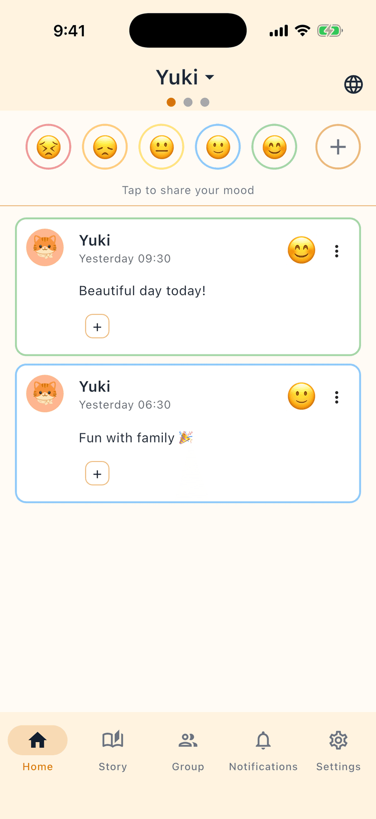 Check your family's mood instantly - One-tap sharing makes it easy every day